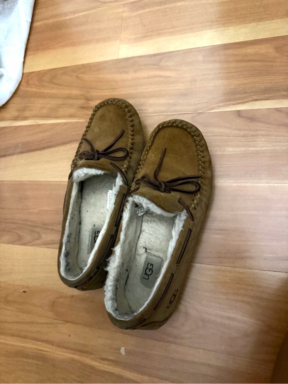 UGG Chestnut Suede Moccasin Slippers with Shearling Lining